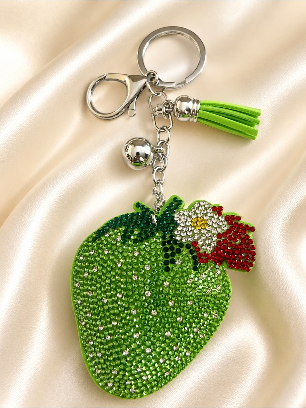 Green Strawberry Bag Charm Keychain 3D Crystal Tassel Purse Charm